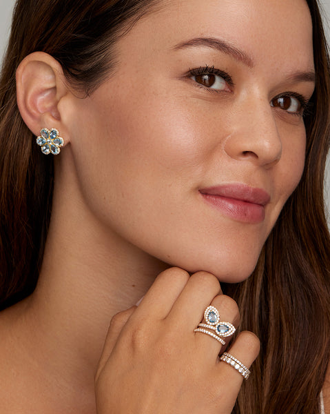 Aquamarine Floral Studs with Diamond Edge
