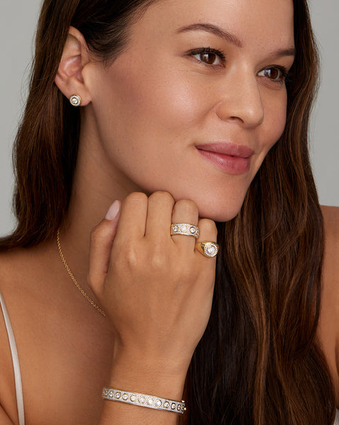 Yellow and White Gold Band with Bezel Set Diamonds and Pave Diamonds