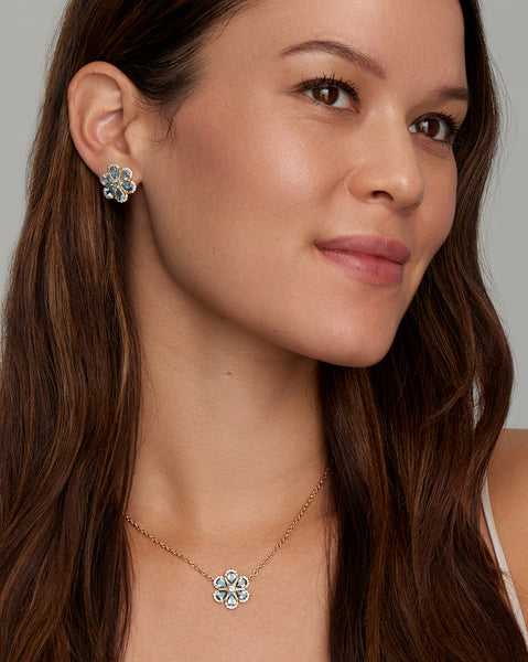 Floral Necklace with Aquamarine and Diamond Edged Petals