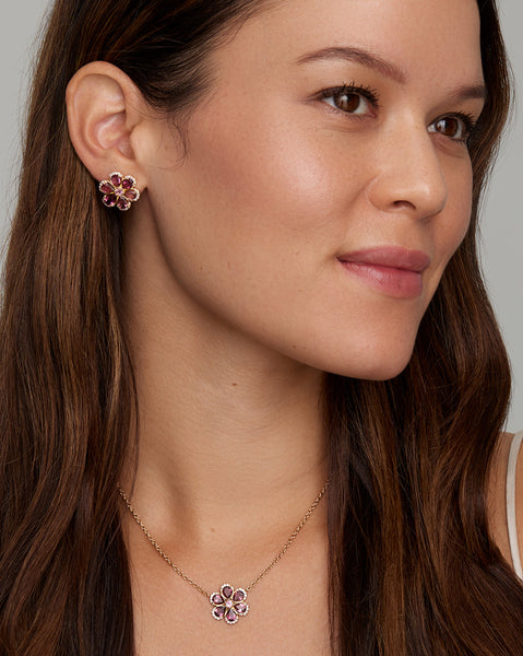 Floral Necklace with Pink Tourmaline and Diamond Edged Petals