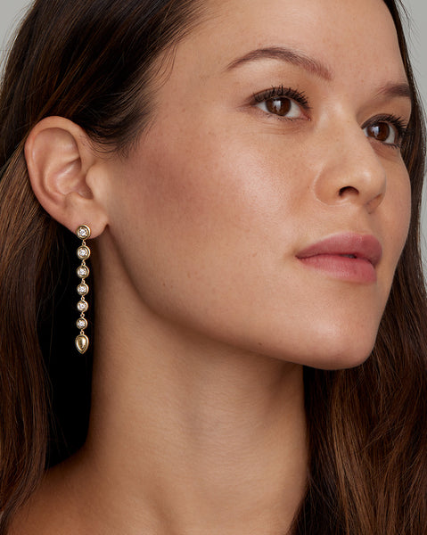 Yellow and White Gold Round Edge Long Diamond Drop Earrings