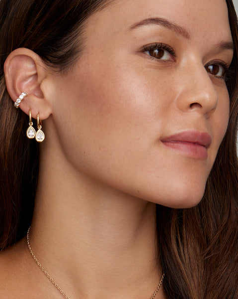 Hoops with Yellow and White Gold Round Edge Pear Shape Diamond Drops