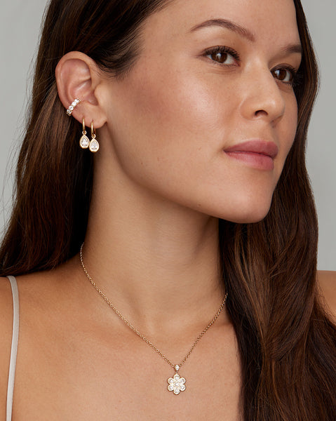 Hoops with Yellow and White Gold Round Edge Pear Shape Diamond Drops