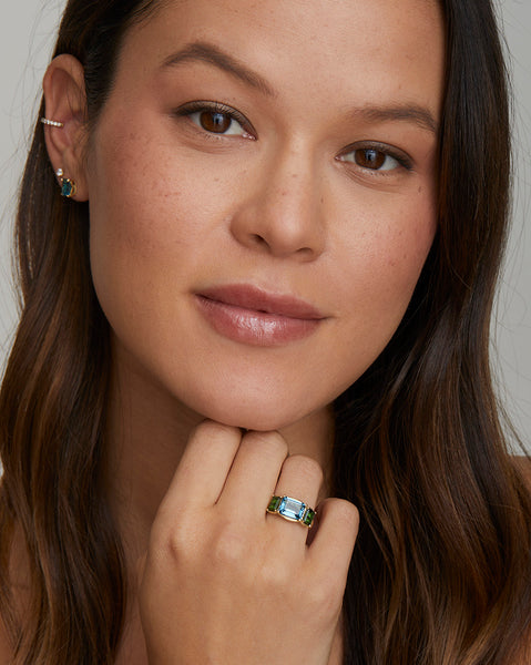 Emerald Cut London Blue Topaz and Green Tourmaline Ring with Diamonds