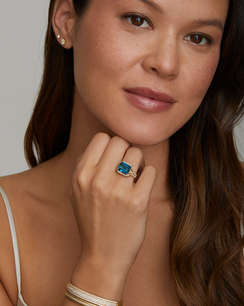 Emerald Cut London Blue Topaz Ring with Diamonds