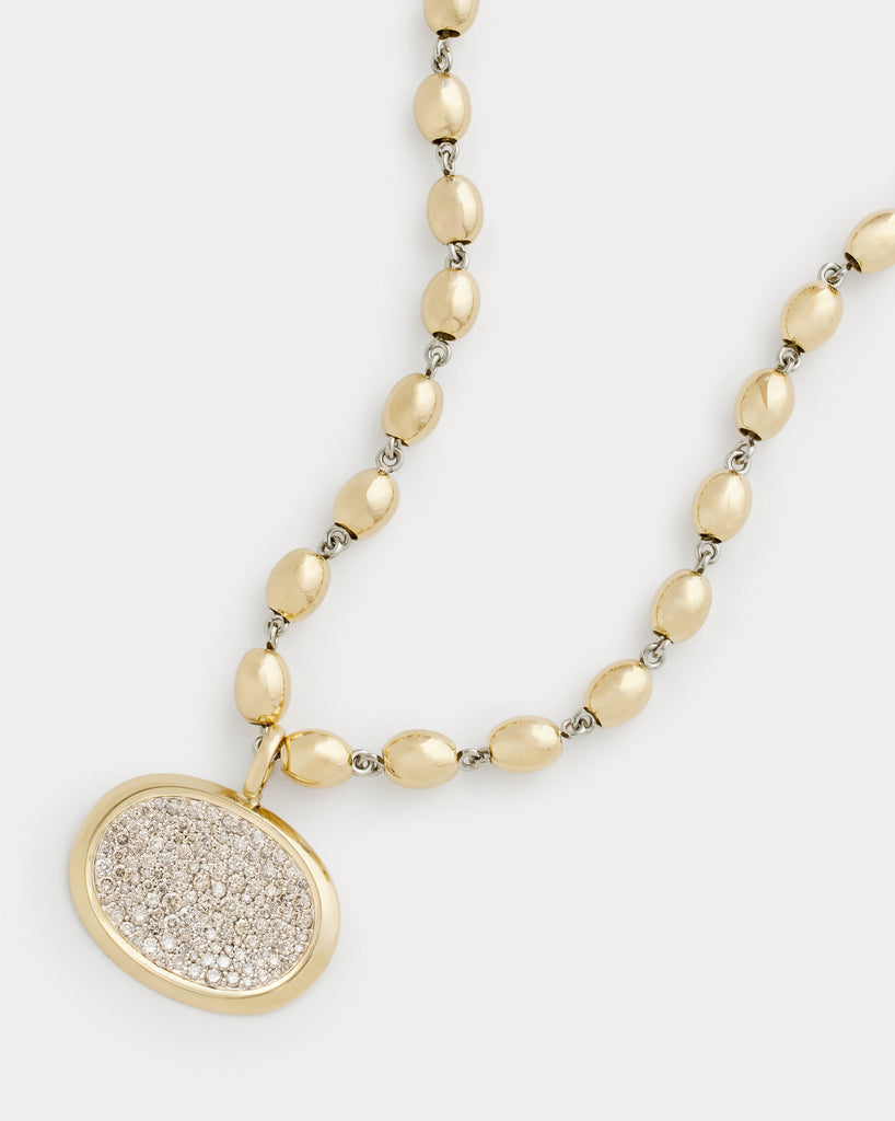 Yellow and White Gold Oval Beaded Necklace with Champagne Diamond Pendant