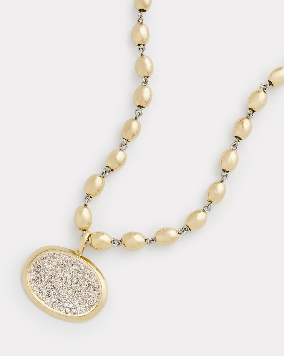 Yellow and White Gold Oval Beaded Necklace with Champagne Diamond Pendant