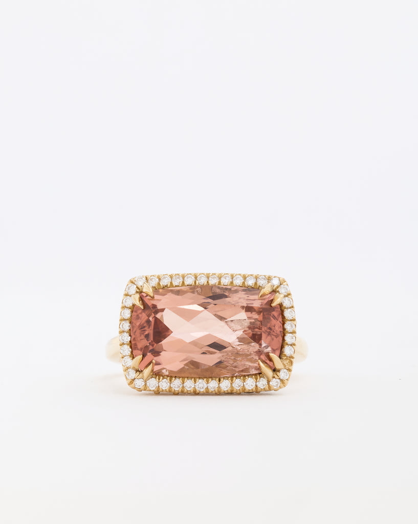 Pink Tourmaline Long Cushion Cut Ring with Diamonds
