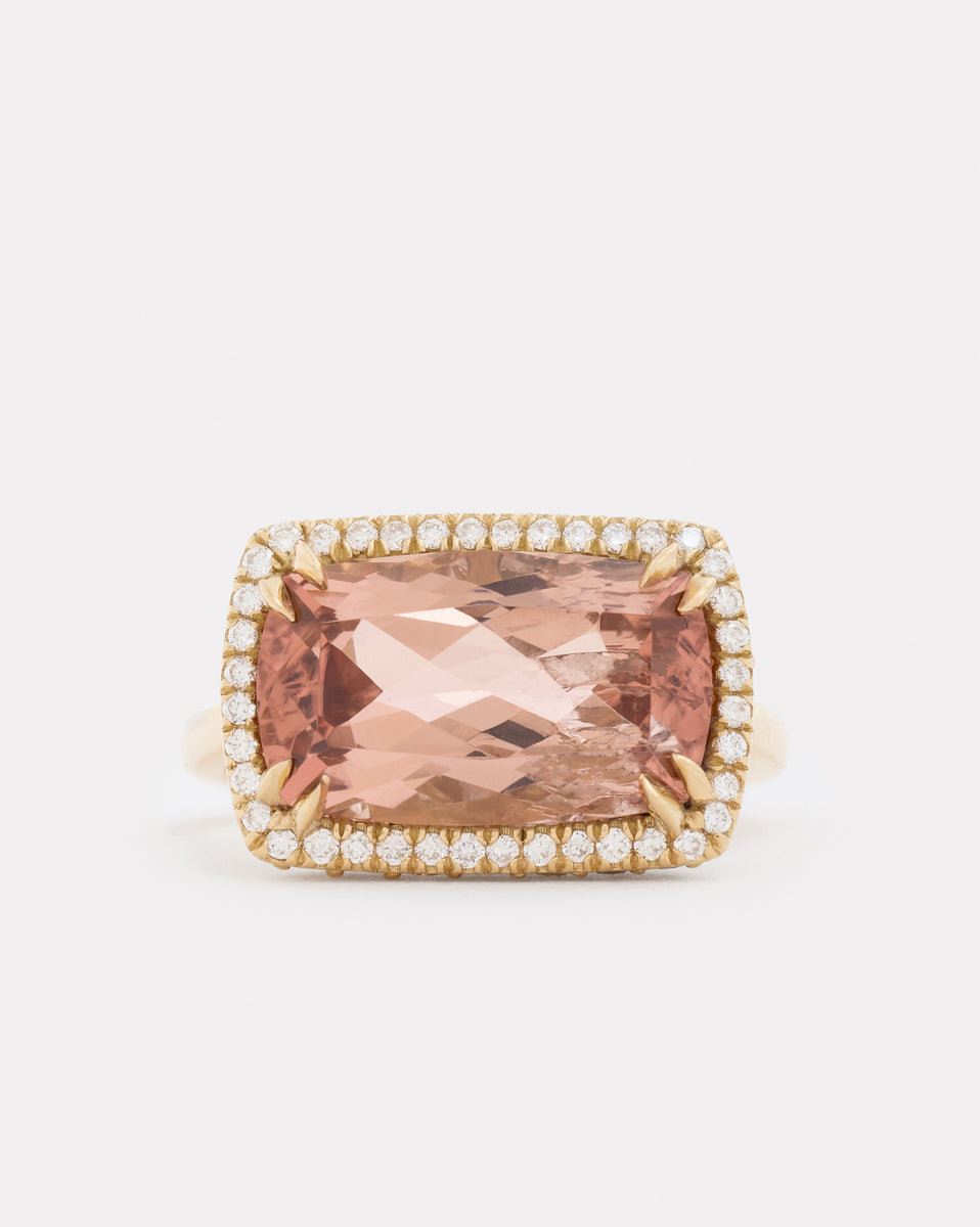 Pink Tourmaline Long Cushion Cut Ring with Diamonds