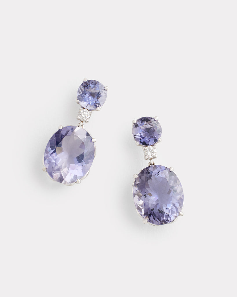 Round and Oval Iolite Drop Earrings with Diamonds