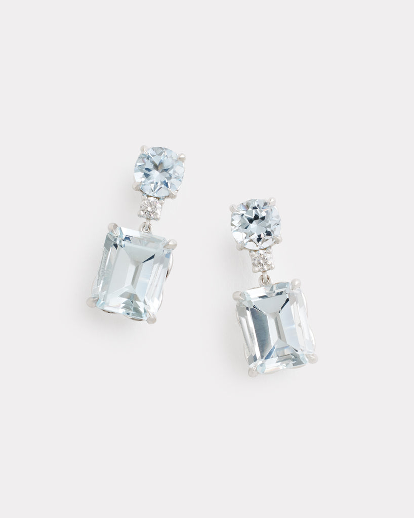 Round and Emerald Cut Drop Earrings with Sky Blue Topaz, Aquamarine, and Diamonds