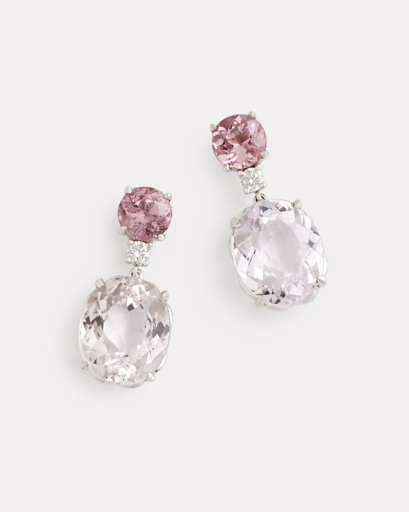 Round and Oval Drop Earrings with Pink Tourmaline, Kunzite, and Diamonds