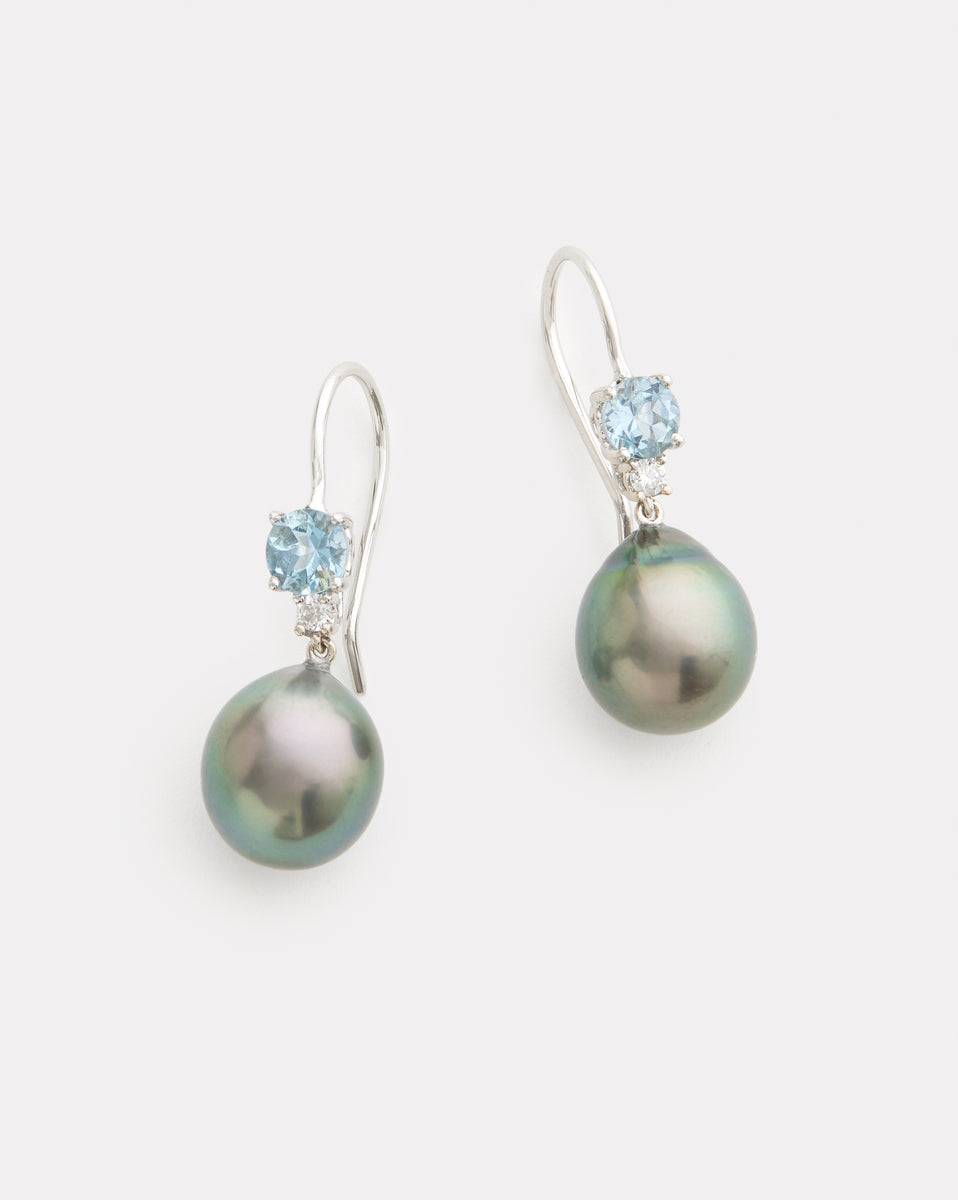 Aquamarine, Tahitian Pearl, and Diamond Drop Earrings