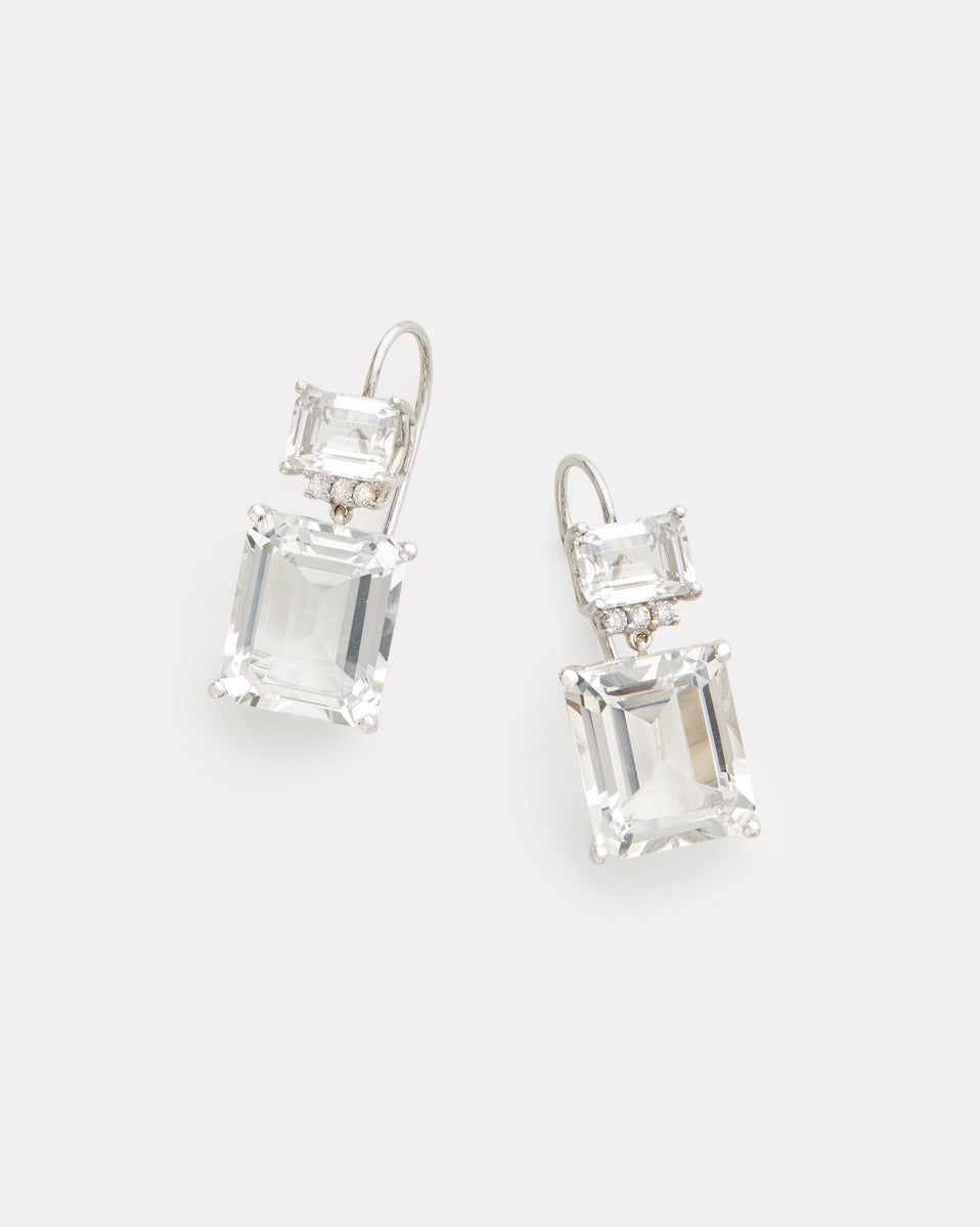 White Topaz and Diamond Emerald Cut Drop Earrings