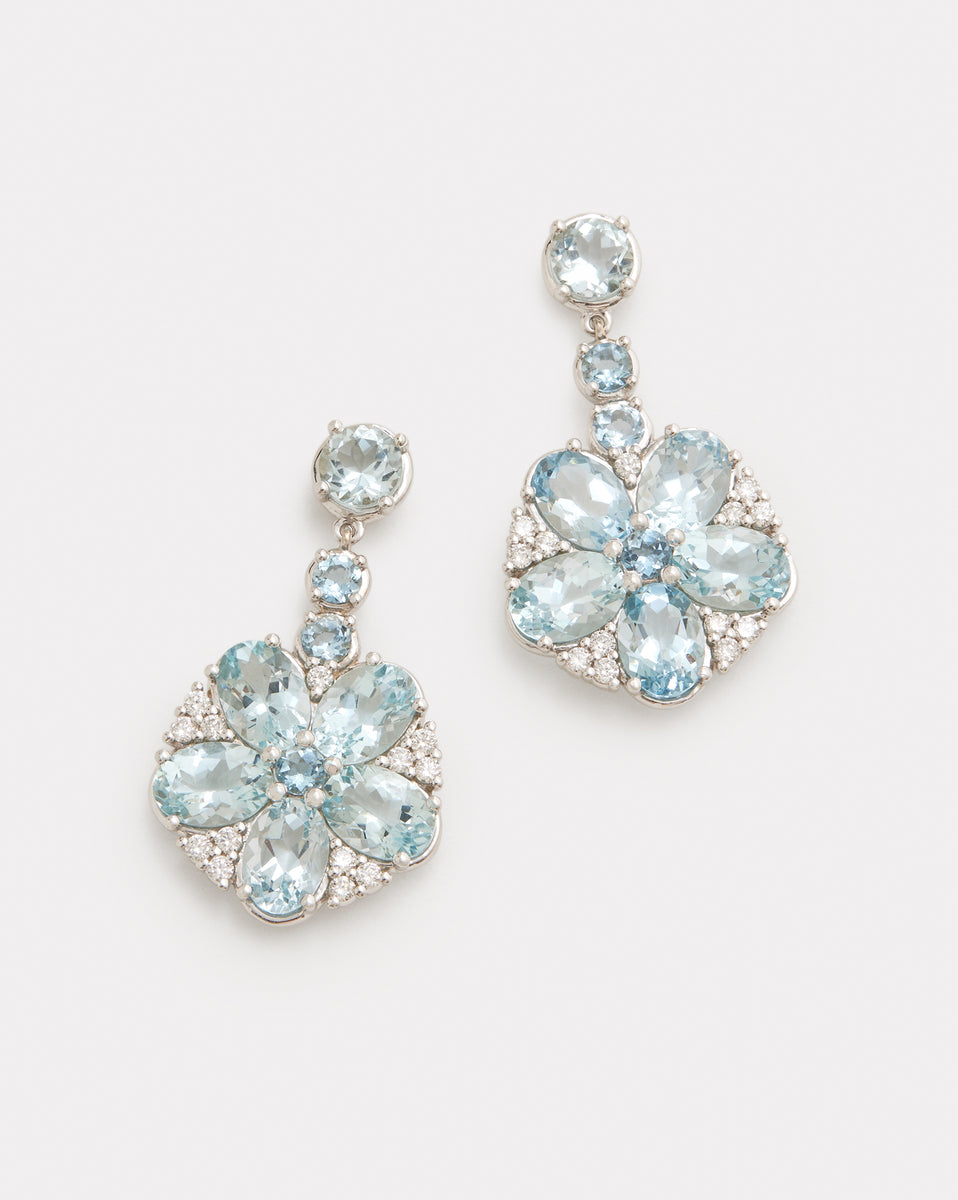 Floral Drop Earrings with Aquamarine and Diamonds