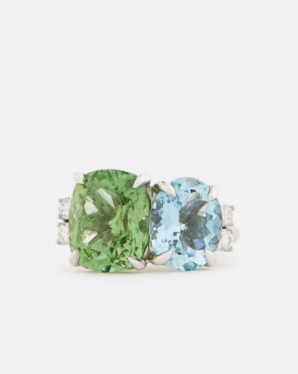 Green Tourmaline Cushion Cut and Sky Blue Topaz Oval Ring with Diamonds