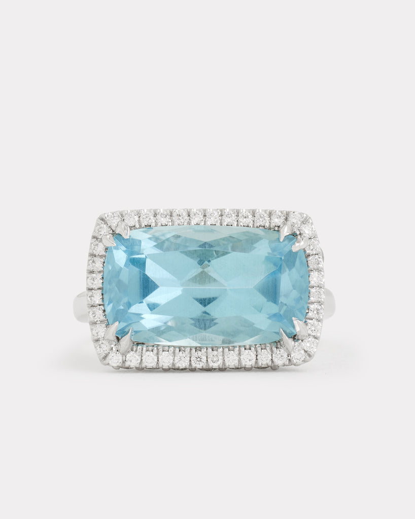 Aquamarine Long Cushion Cut Ring with Diamonds