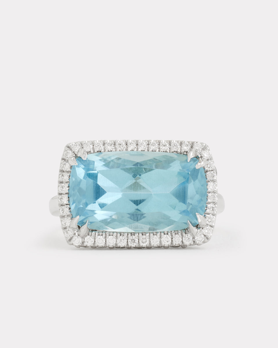 Aquamarine Long Cushion Cut Ring with Diamonds