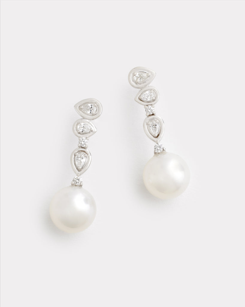 Asymmetrical Round and Pear Shape Diamond Studs with South Sea Pearls Drop