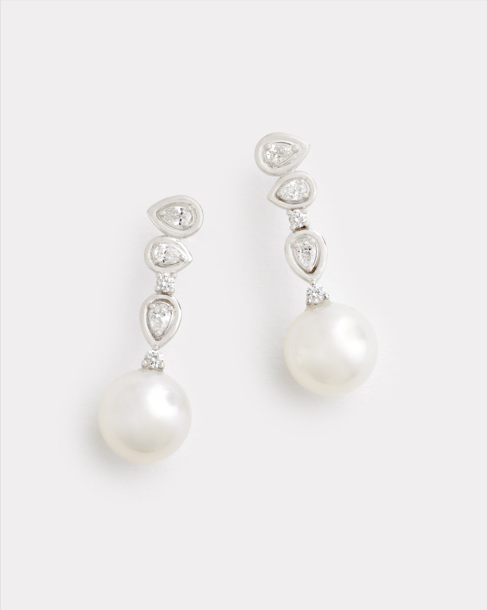 Asymmetrical Round and Pear Shape Diamond Studs with South Sea Pearls Drop
