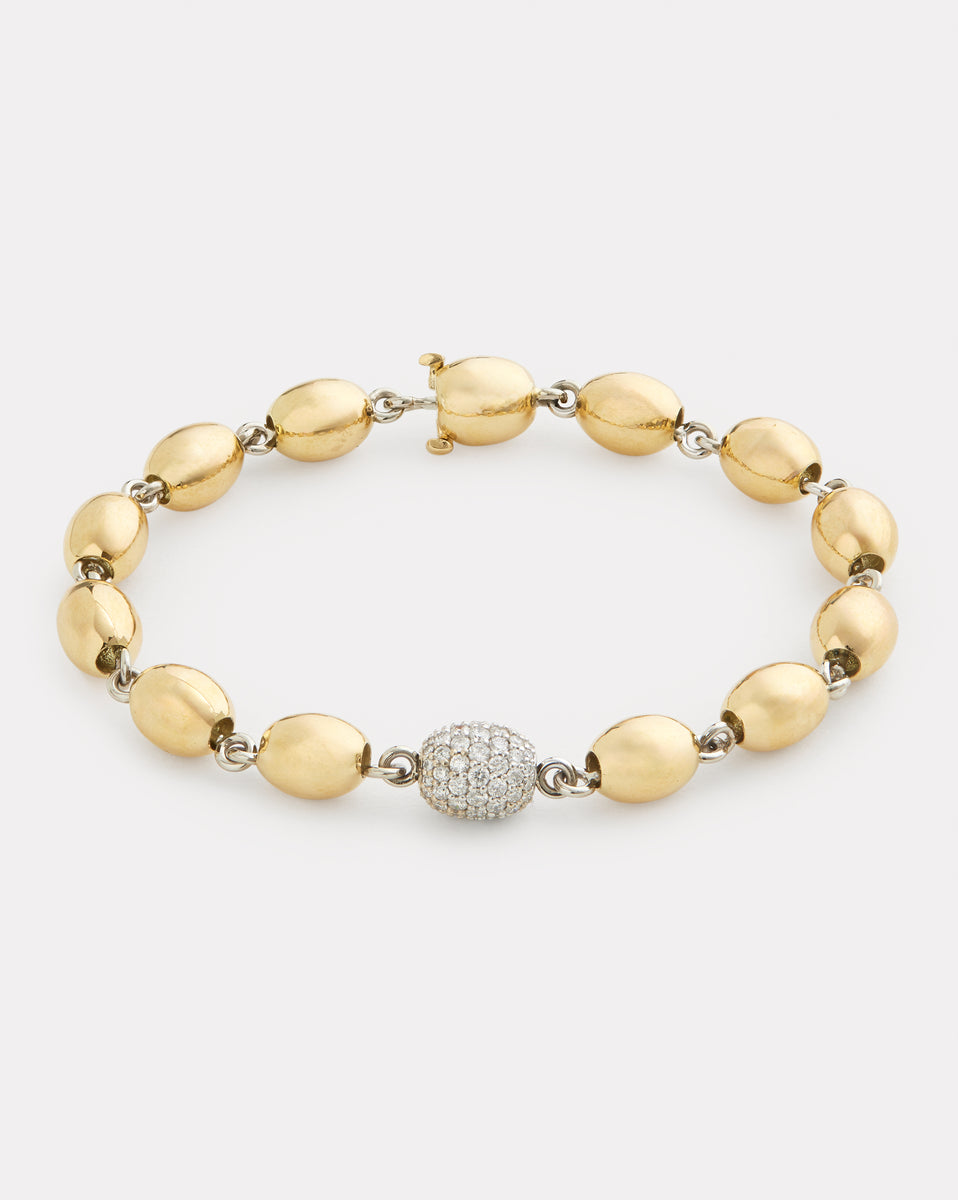 Yellow Gold Oval Beaded Bracelet with White Gold Pave Bead