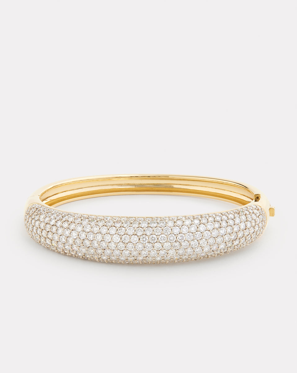 Yellow and White Gold Domed Hinged Bangle with Pave Diamonds