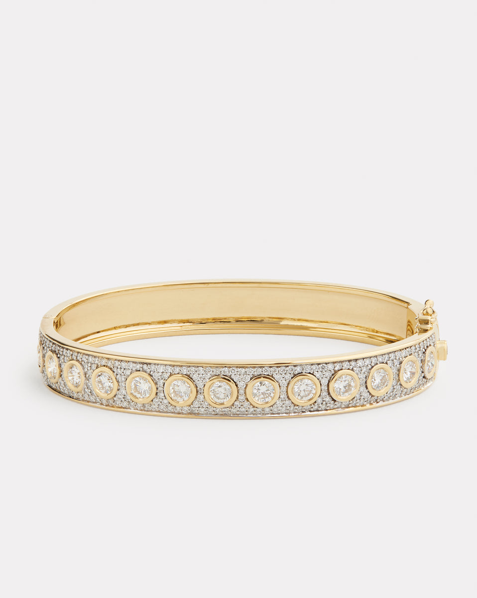 Yellow and White Gold Hinged Bangle with Bezel Set Diamonds and Pave Diamonds