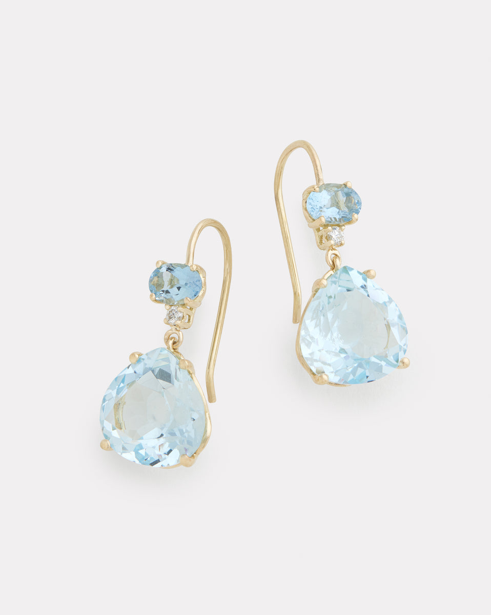 Oval and Pear Shape Drop Earrings with Aquamarine, Sky Blue Topaz, and Diamonds