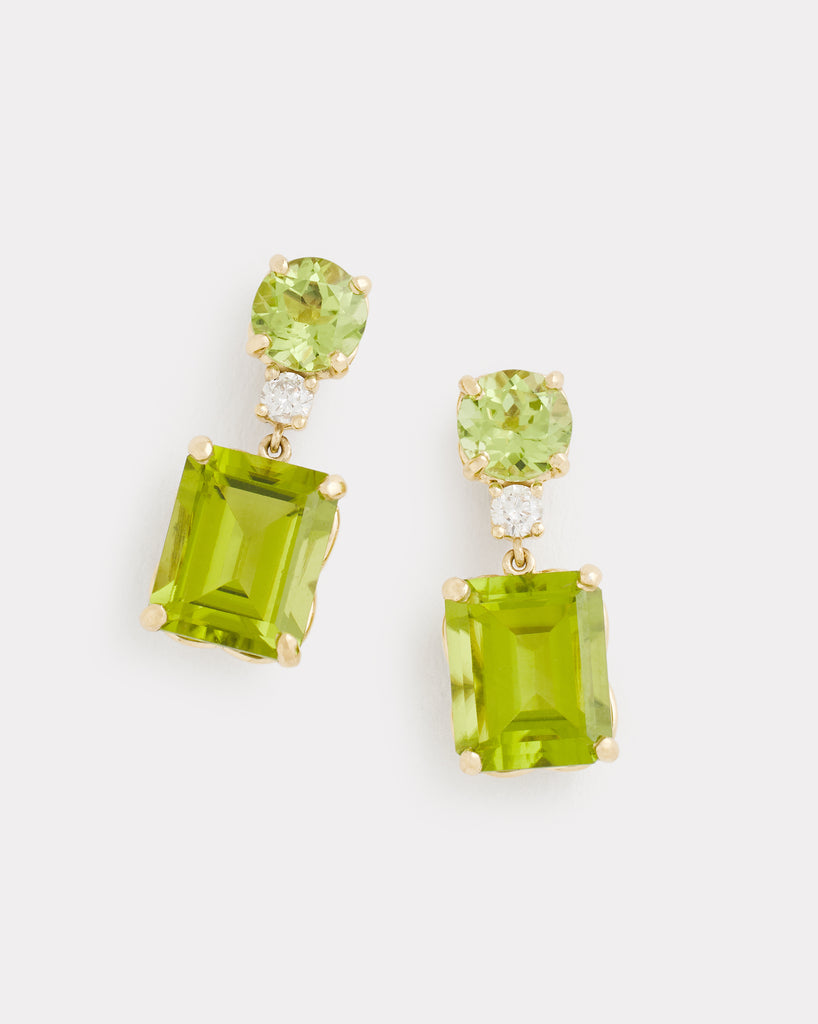 Round and Emerald Cut Peridot Drop Earrings with Diamonds