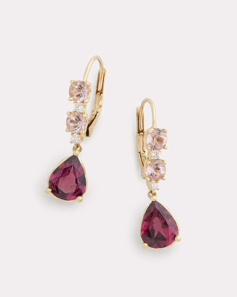 Morganite and Rhodolite Pear Shape Drop Earring with Diamonds