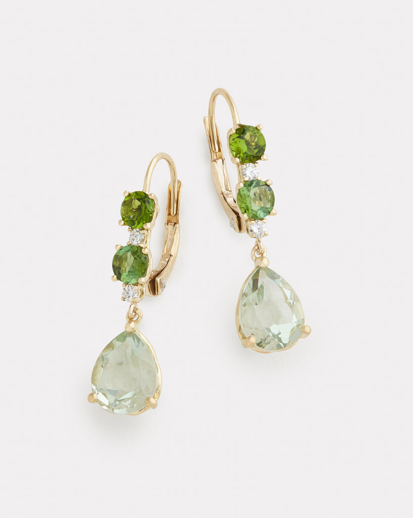 Green Tourmaline and Green Amethyst Pear Shape Drop Earring with Diamonds