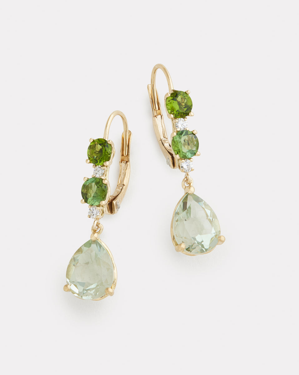 Green Tourmaline and Green Amethyst Pear Shape Drop Earrings with Diamonds