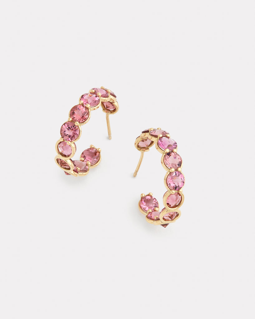 Round Faceted Pink Tourmaline Hoop Earring