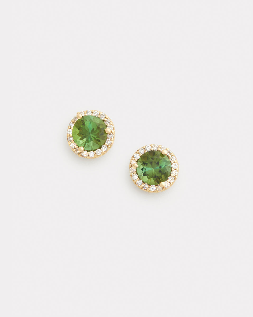 Green Tourmaline Studs with Diamond Edge