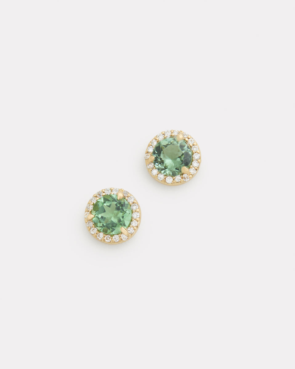 Light Green Tourmaline Studs with Diamond Edge