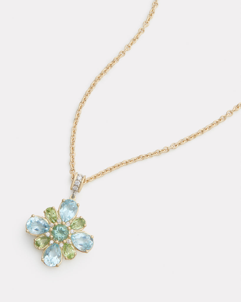 Floral Necklace with Sky Blue Topaz, Green Tourmaline, and Diamonds