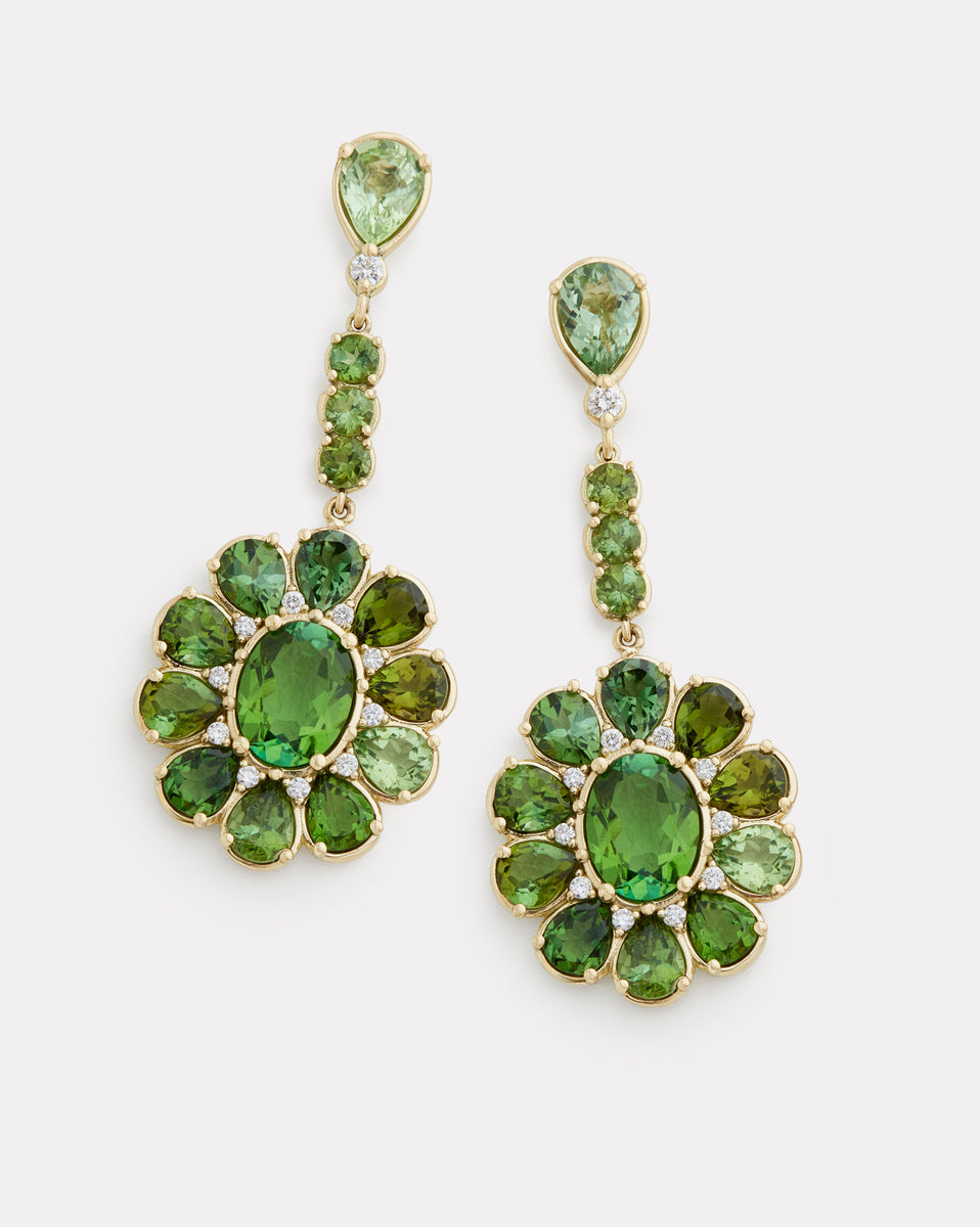 Floral Oval and Pear Shape Earrings with Green Tourmaline and Diamonds