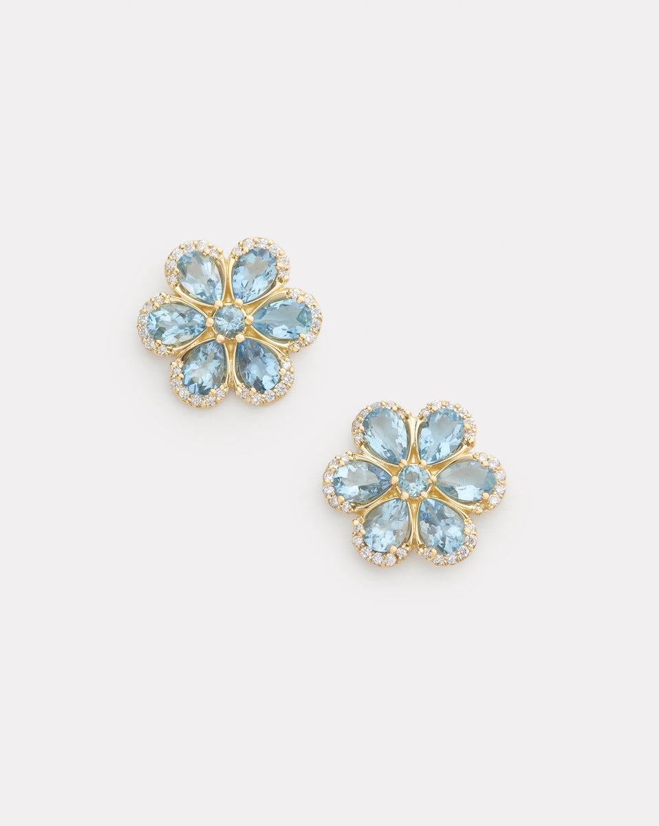 Aquamarine Floral Studs with Diamond Edge