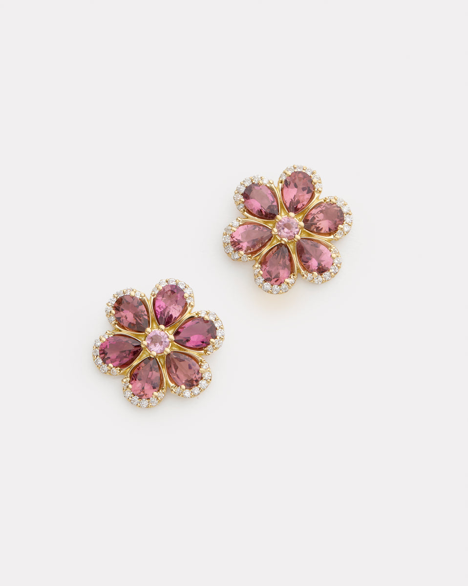 Pink Tourmaline Floral Studs with Diamond Edge