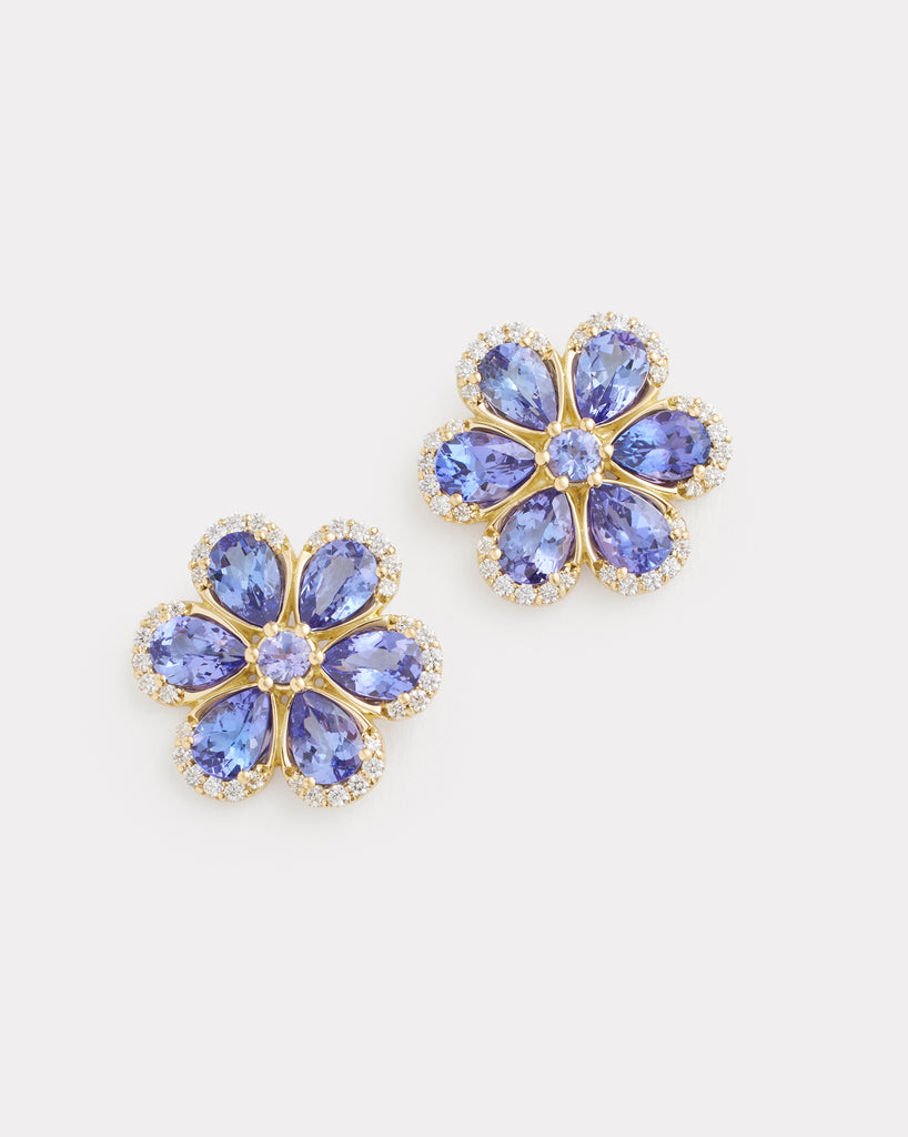 Tanzanite Floral Studs with Diamond Edge