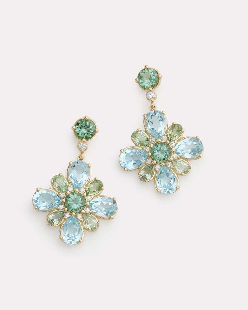 Floral Earrings with Sky Blue Topaz, Green Tourmaline, and Diamonds