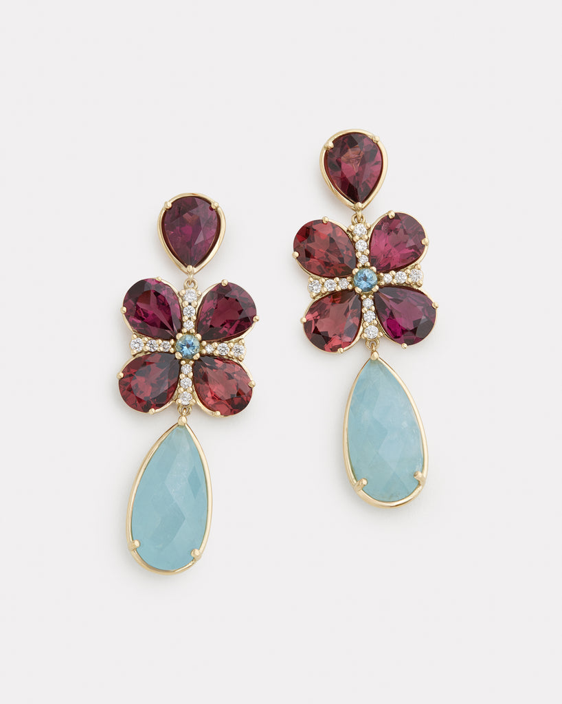 Long Floral Drop Earring with Rhodolite, Aquamarine, and Diamonds