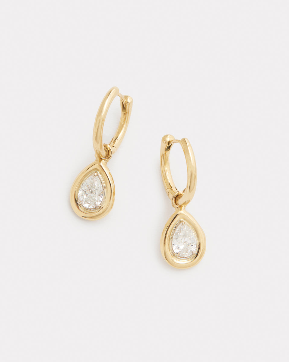 Hoops with Yellow and White Gold Round Edge Pear Shape Diamond Drops