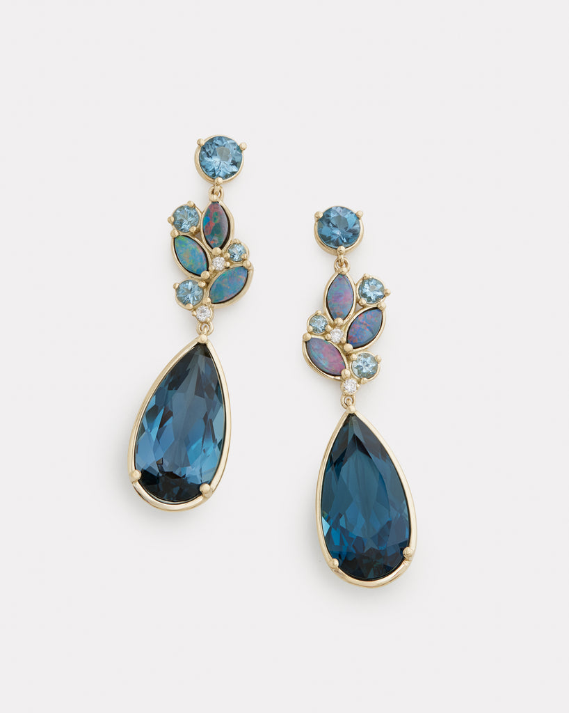 Long Floral Earring with London Blue Topaz, Opal, Aquamarine and Diamonds