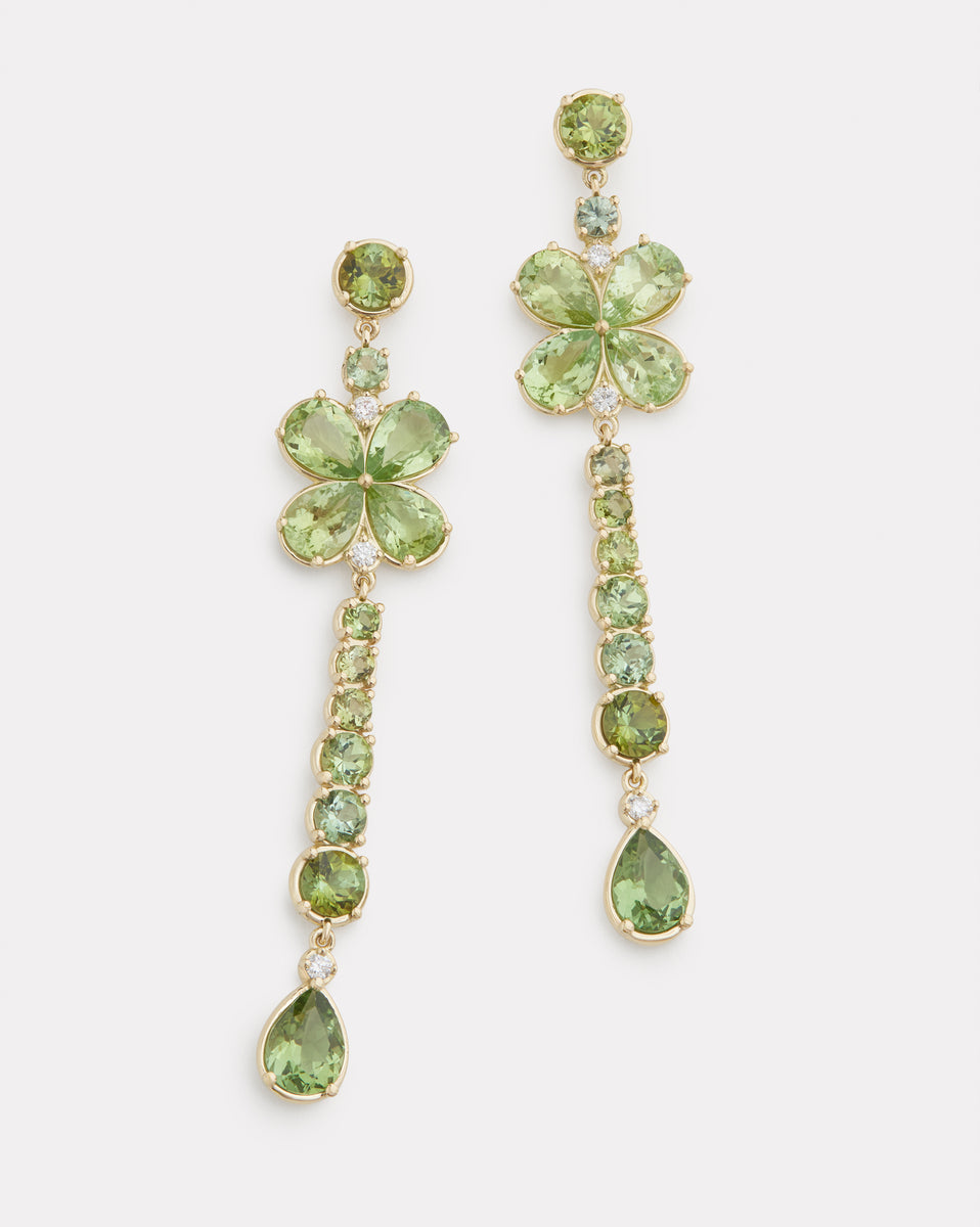 Long Floral Earrings with Green Tourmaline and Diamonds