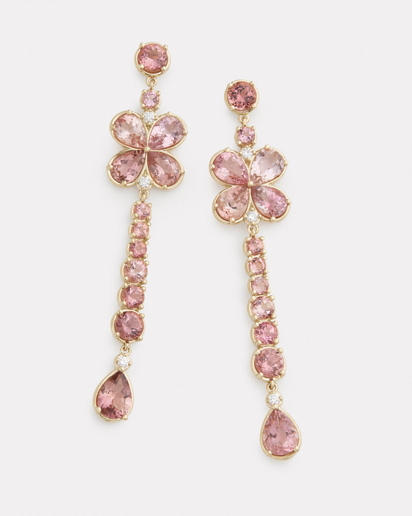 Long Floral Earring with Pink Tourmaline and Diamonds