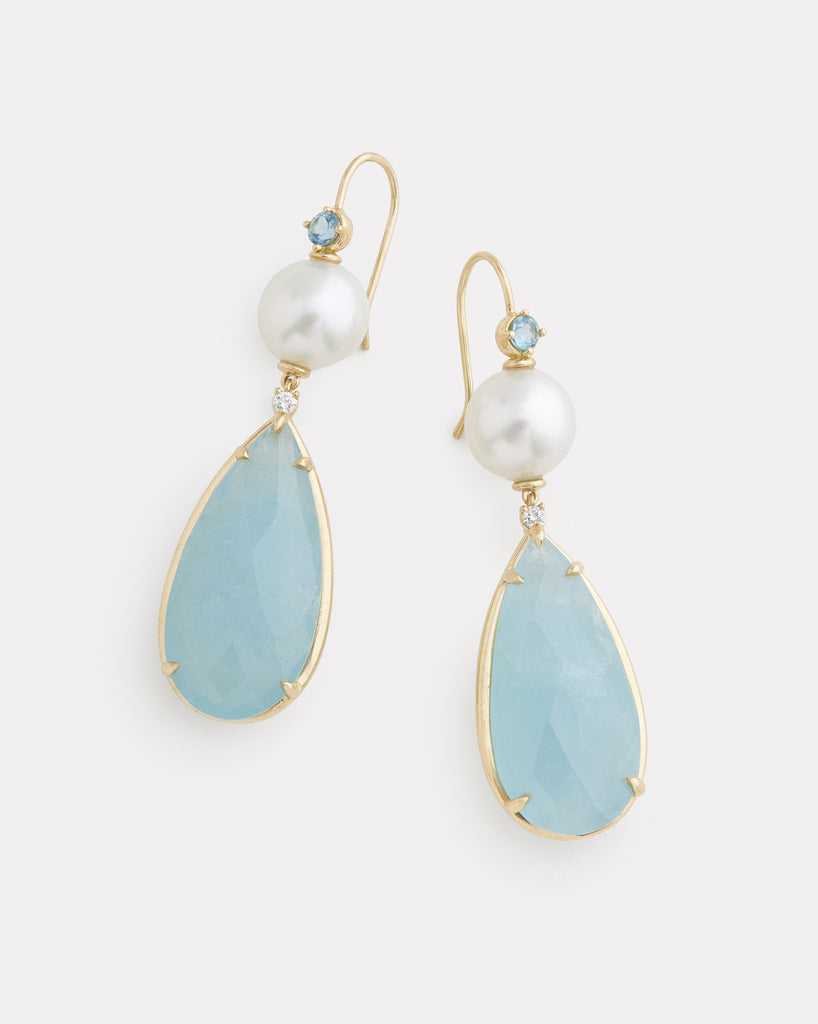 Pearl, Aquamarine, and Diamond Drop Earring
