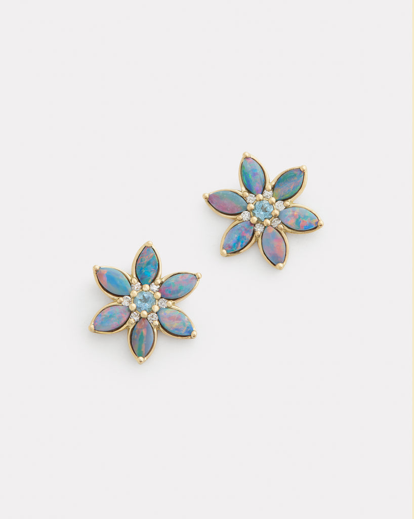 Floral Stud Earring with Opal, Aquamarine, and Diamonds