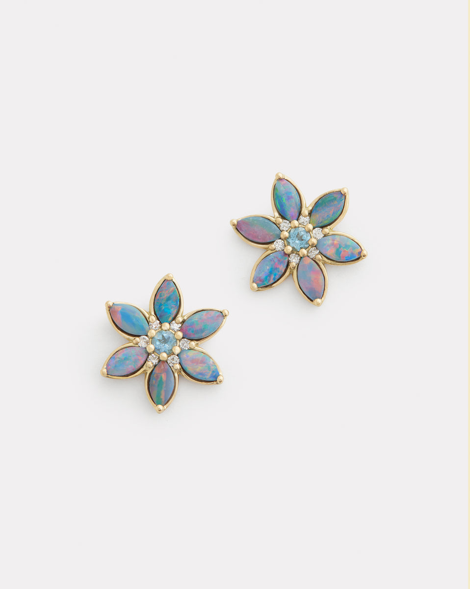 Floral Studs with Opal, Aquamarine, and Diamonds
