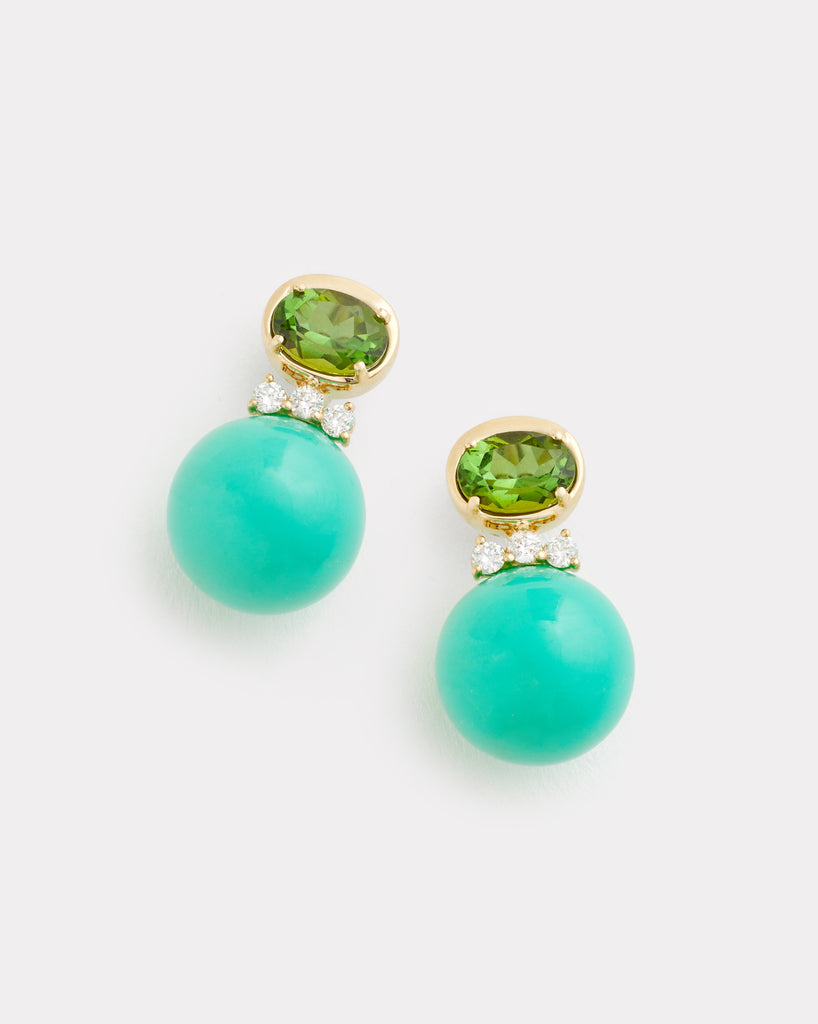 Oval and Round Earrings with Green Tourmaline, Chrysoprase, and Diamonds
